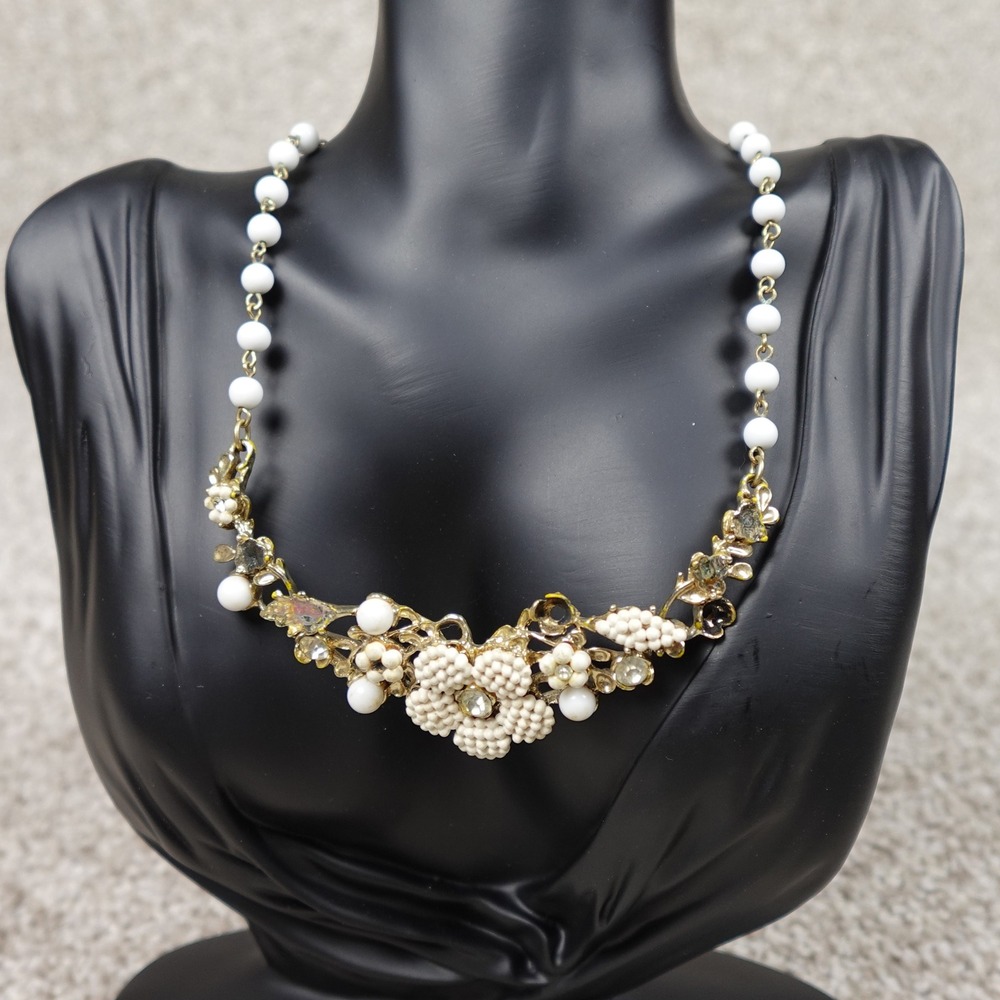 Vintage Floral Milk Glass Bib Necklace Gold Tone White Bead Rhinestone Flower